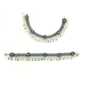 Red and green stone silver anklets