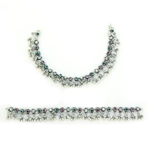 Multicolour stone oxidised silver anklets