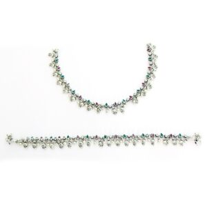 Red and green stone oxidised silver anklets