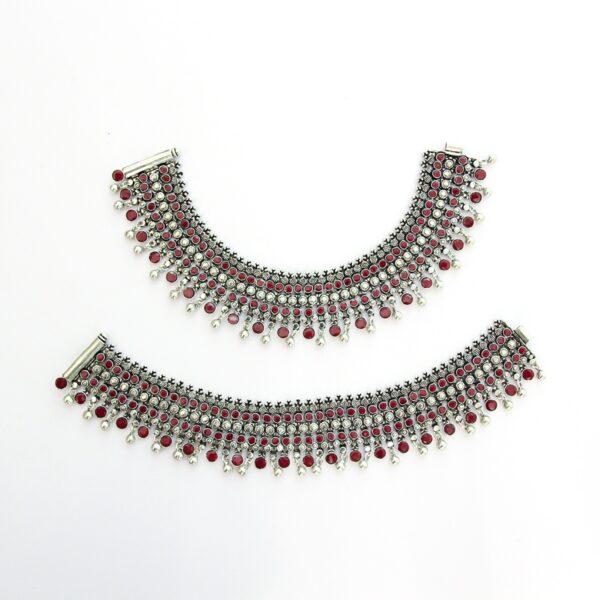 varam_anklets_red_and_white_oxidised_silver_anklets