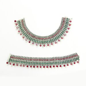 Red and green stone oxidised silver anklets