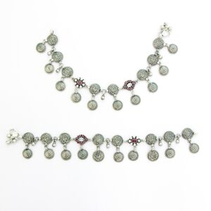 Red stone oxidised silver anklets