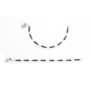 White and green stone oxidised silver anklets
