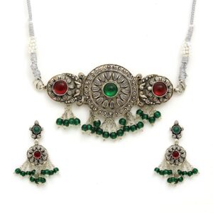 Antique design green and red stone chain with matching earrings