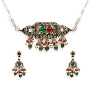Antique design green and red stone chain with matching earrings