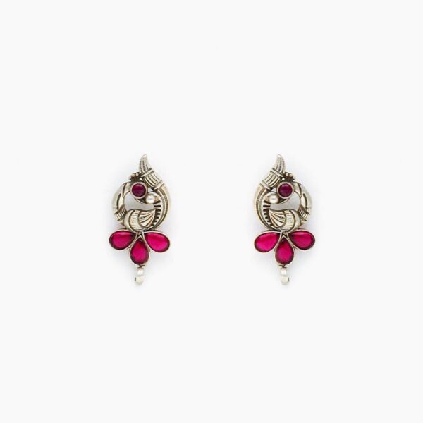 varam_earrings_pink_stone_peacock_design_oxidised_silver_earrings