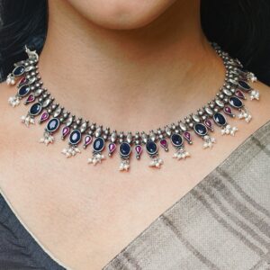 Dark blue and pink stone oxidised silver chain with matching earrings