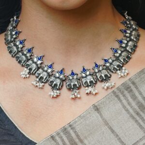 Dark blue and white stone elephant design oxidised silver chain with matching earrings
