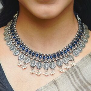 Dark blue stone oxidised silver chain with matching earrings