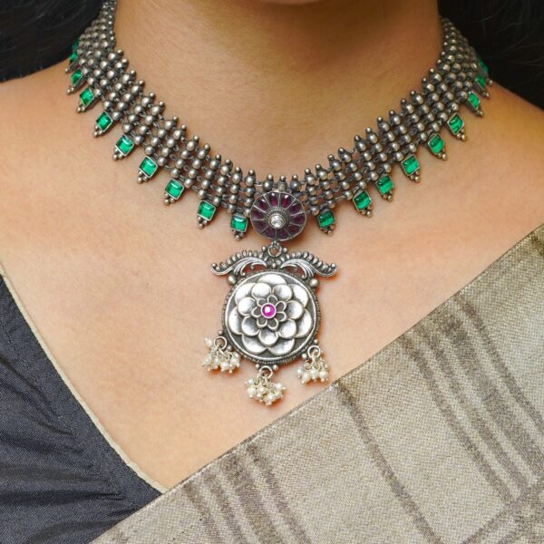 varam_chains_green_and_red_stone_floral_design_oxidised_silver_chain_with_matching_earrings-1