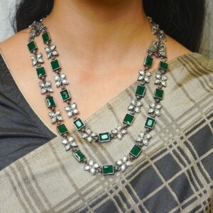 Green stone oxidised silver chain with matching earrings