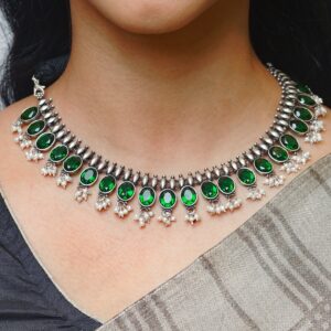 Green stone oxidised silver chain with matching earrings