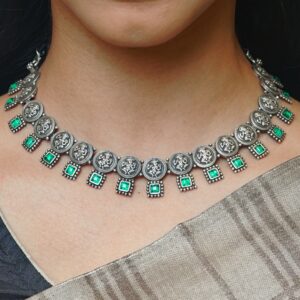 Green stone oxidised silver chain with matching earrings