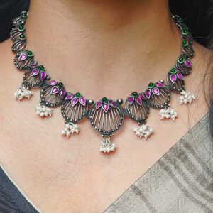 Pink and green stone oxidised silver chain with matching earrings