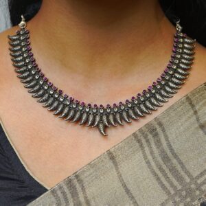 Pink stone leaf design oxidised silver chain with matching earrings