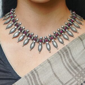Pink stone oval design oxidised silver chain with matching earrings