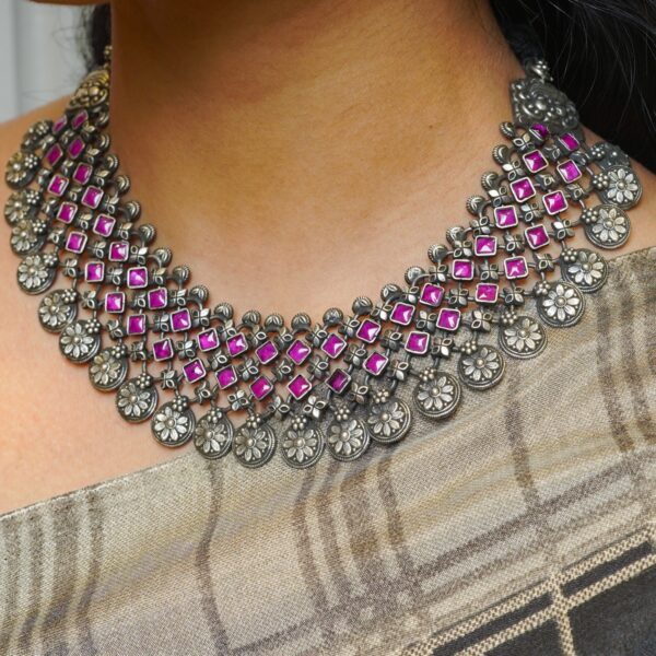 varam_chains_pink_stone_oxidised_silver_chain_with_matching_earrings-1