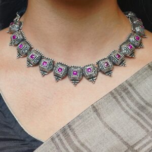 Pink stone oxidised silver chain with matching earrings