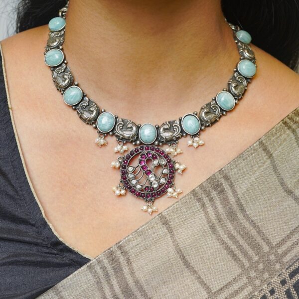 varam_chains_turquoise_blue_and_pink_stone_peacock_design_oxidised_silver_chain_with_matching_earrings-1