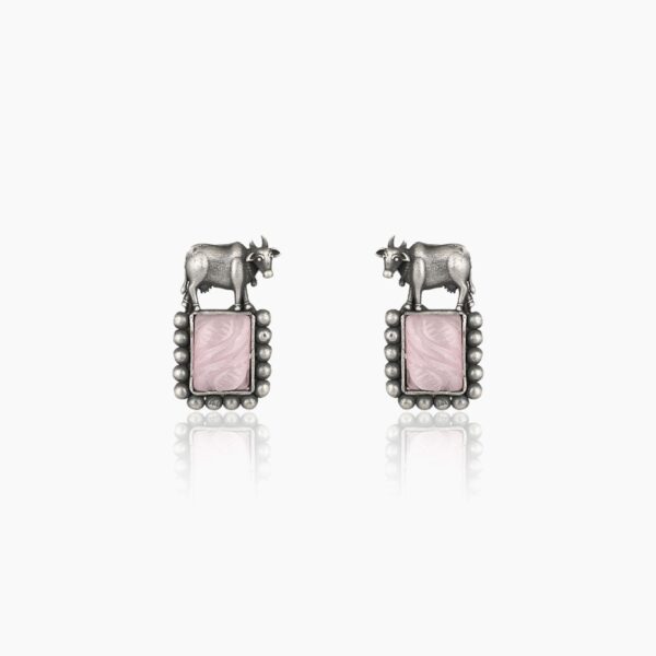 varam_earrings_baby_pink_stone_bull_design_oxidised_silver_earrings-1