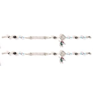 Multicolour stone floral design silver anklets