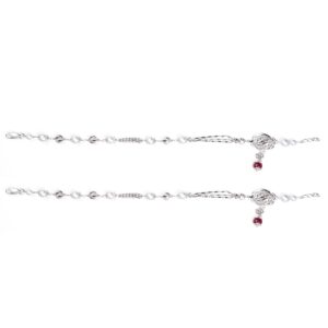 Red stone floral design silver anklets