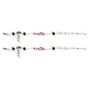 White and baby pink stone silver anklets