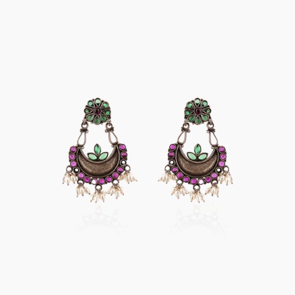 varam_earrings_072022_green_and_pink_stone_silver_earring-1
