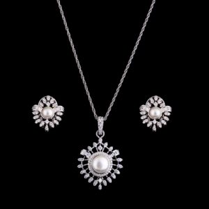 White pearl pendant silver chain with earrings