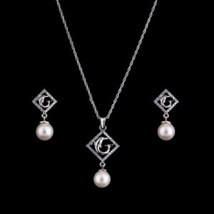 White stone dolphin square design silver chain with earrings
