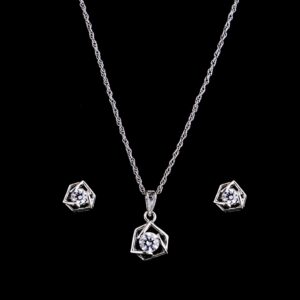 White stone hexagon design silver chain with earrings