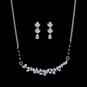 White stone leaf design silver chain with earrings
