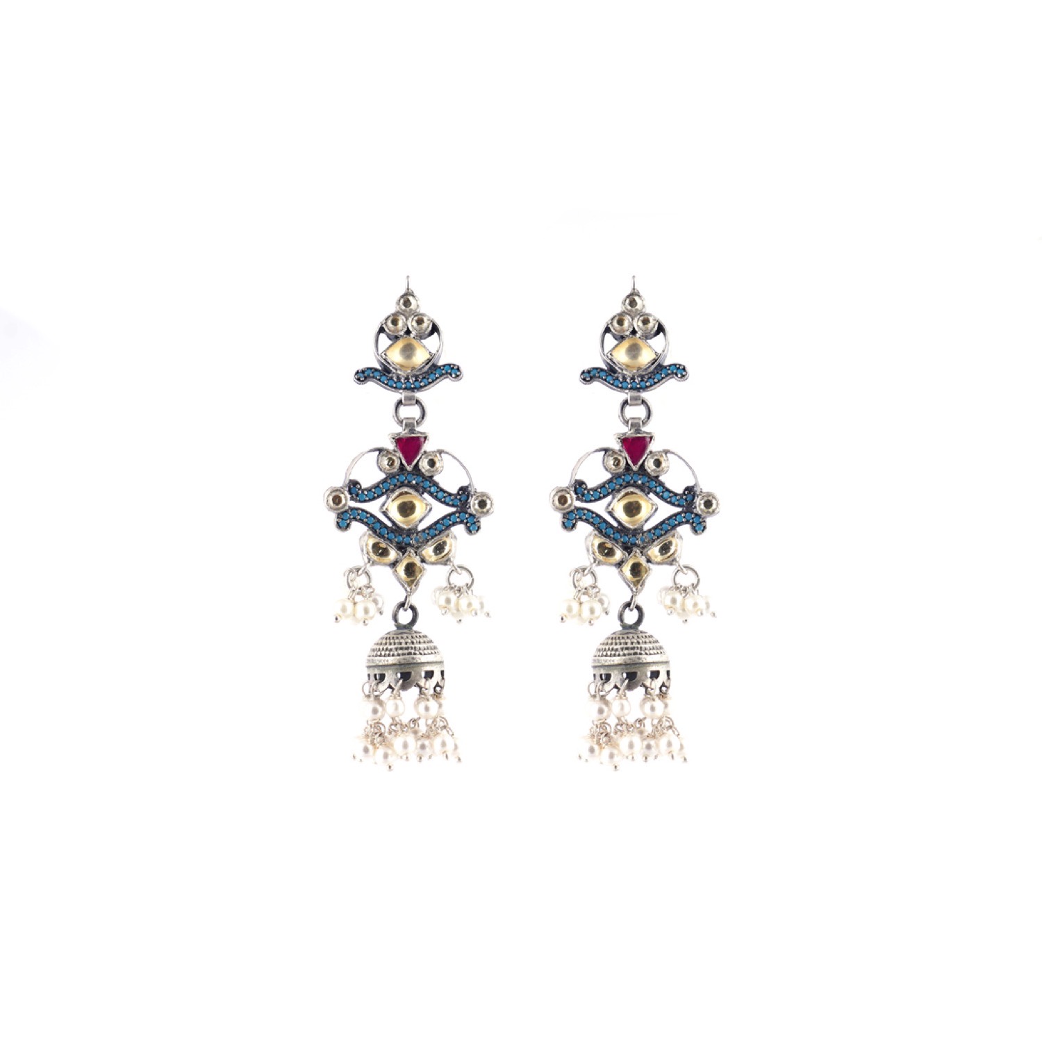 varam_earrings_102022_blue_pink_and_yellow_stone_with_white_bead_dangling_silver_earrings-1