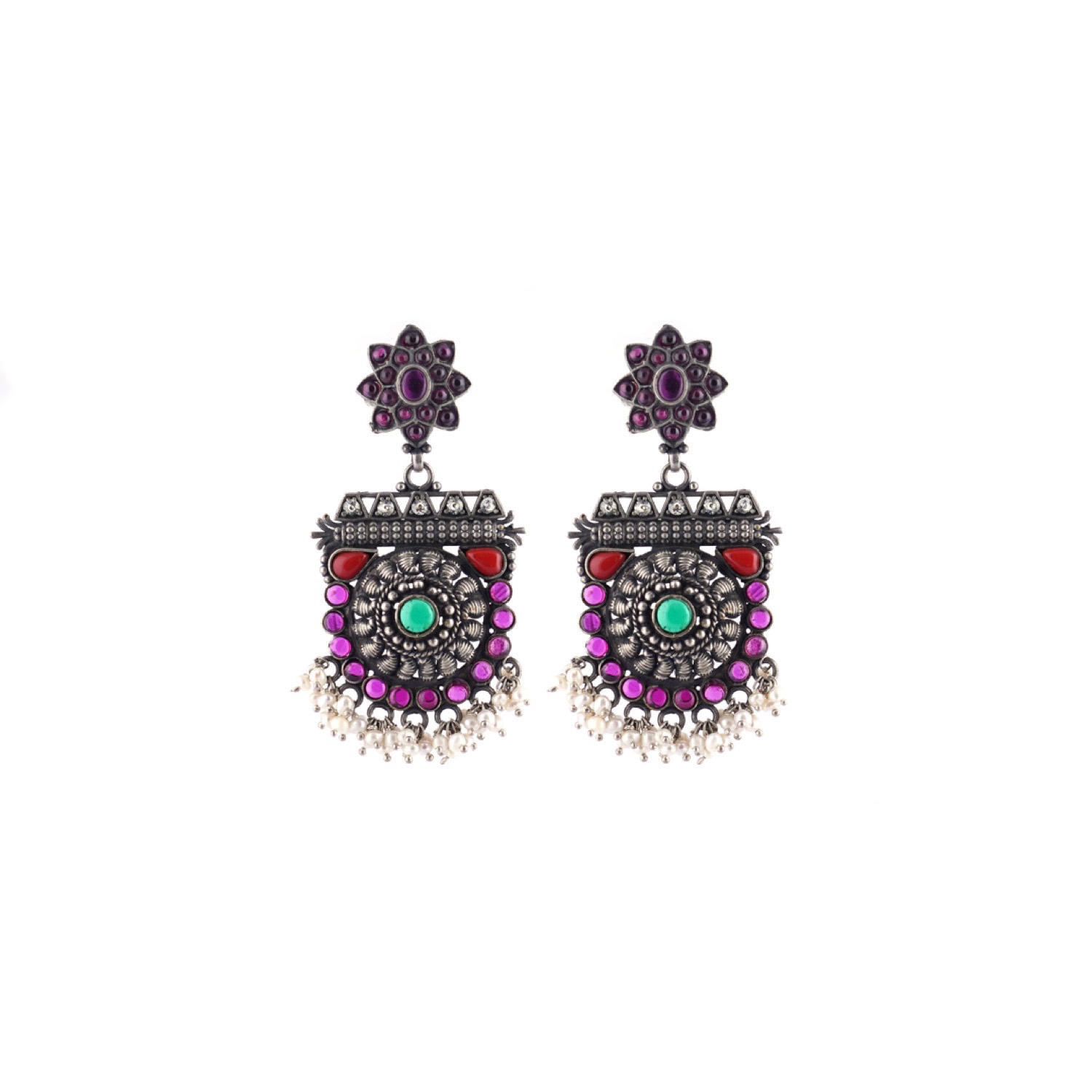 varam_earrings_102022_oxidised_silver_pink_red_and_green_stone_dangler_silver_earrings-1