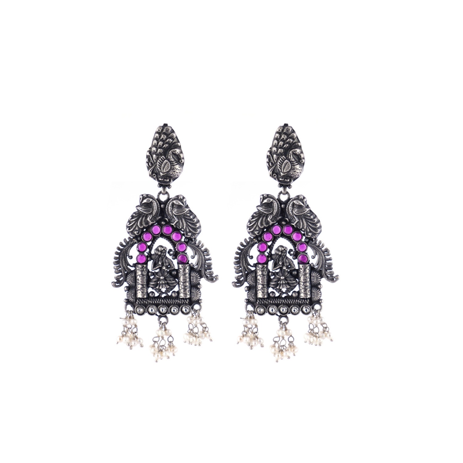 varam_earrings_102022_peacock_and_dancing_lady_with_pink_stone_oxidised_silver_earrings-1