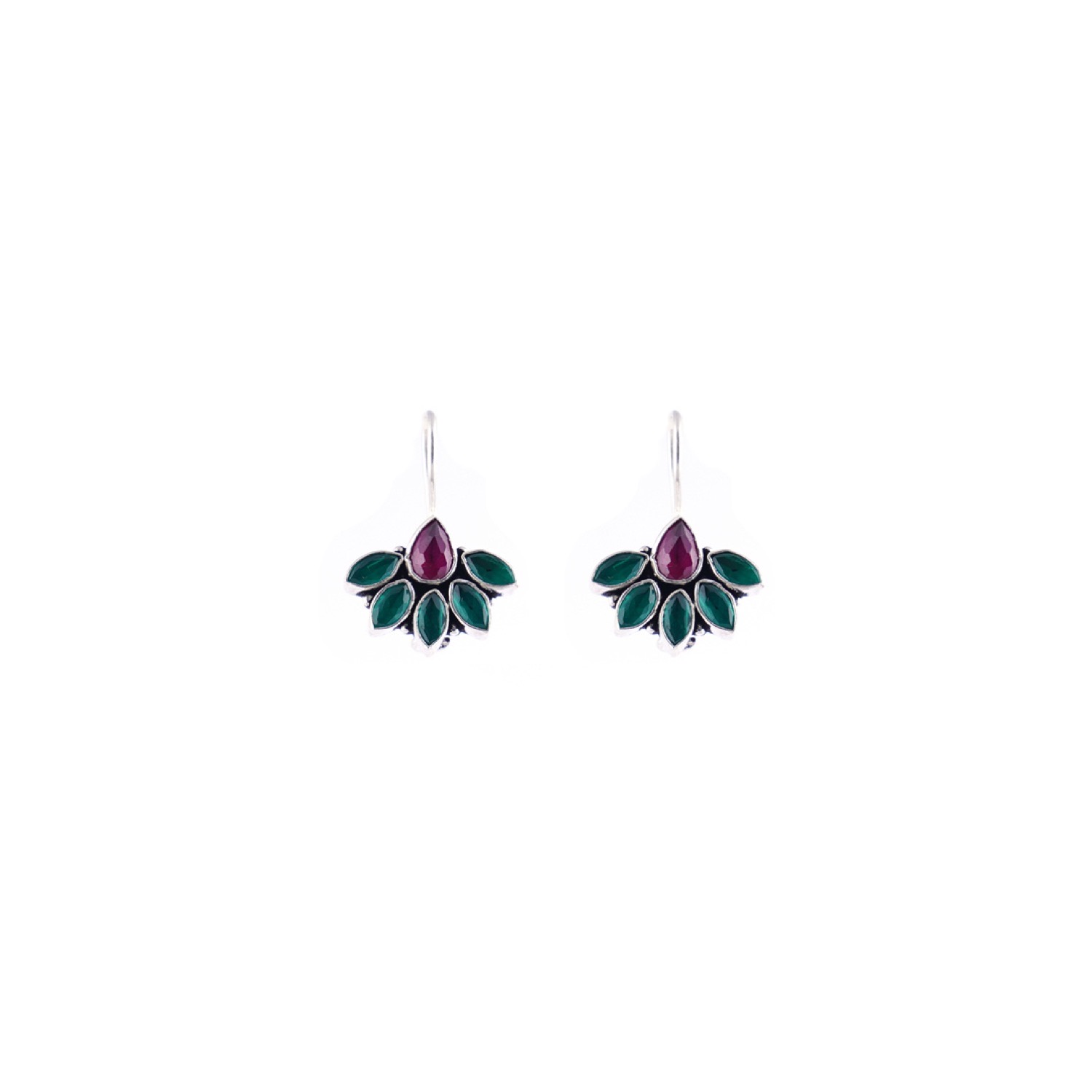varam_earrings_102022_red_and_green_stone_antique_finish_hoop_silver_earrings-1
