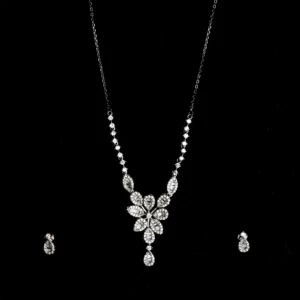 Silver and floral pattern stone earring and same design pendant on chain set