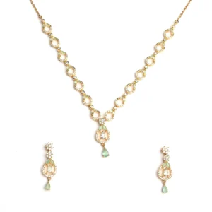 Silver and gold plated with loop design and mint green stone work earrings and necklace set