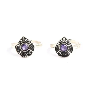 Silver and oxidised leaf design with purple stone toe rings