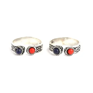 Silver and oxidised with black and red stone toe rings