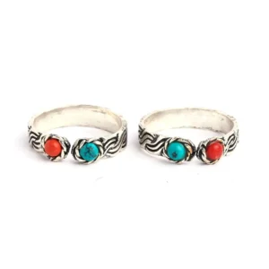 Silver and oxidised with blue and red design toe rings