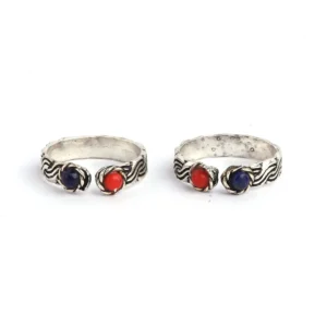 Silver and oxidised with design and red and black stone toe rings