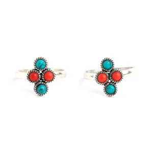 Silver and oxidised with green and red big stone toe rings