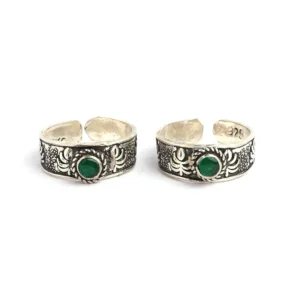 Silver and oxidised with green stone toe rings