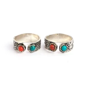 Silver and oxidised with pattern and red and green stone toe rings