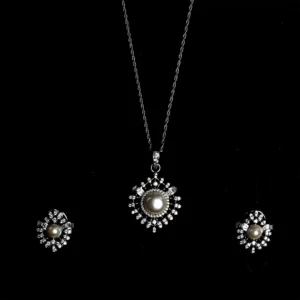 Silver and pendant with stones and big white pearl and Swarovski stones necklace