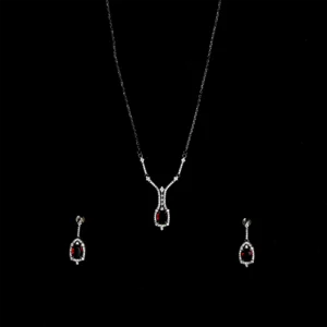 Silver and red stone earrings and same pendant on thin chain