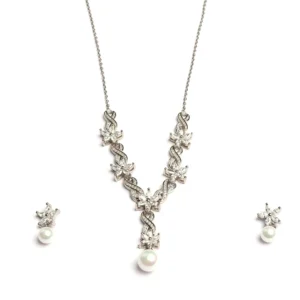 Silver floral pattern and white pearl earrings and necklace set