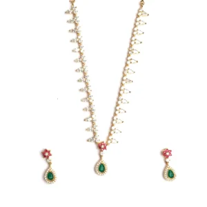 Silver with leaf design and red and green stones pendant earrings and necklace set