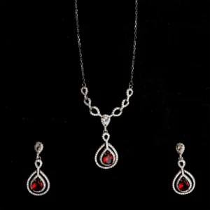 Silver with red stone chain and earrings set